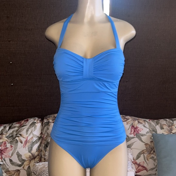 Tommy Bahama Ruched Halter-Top 4 Tummy Control Cobalt Blue One-Piece Swimsuit - Picture 7 of 9